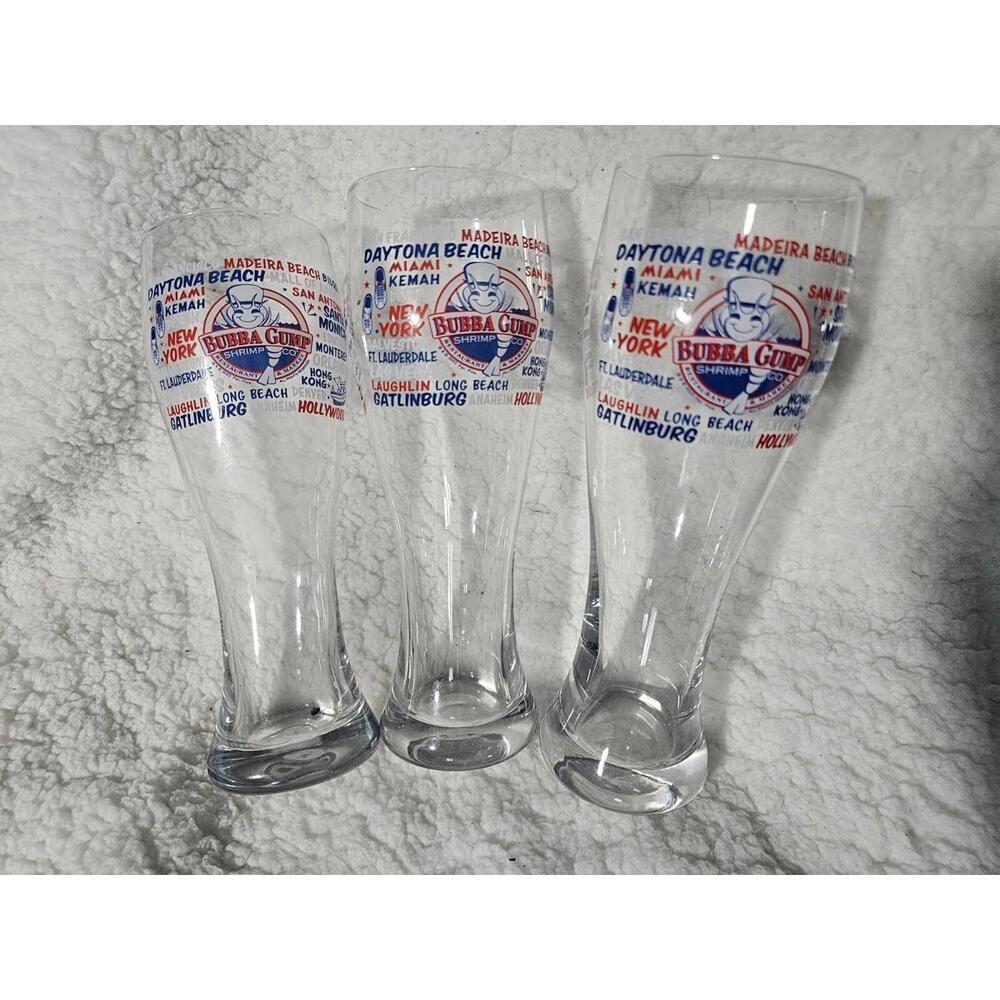(Set of 3) Bubba Gump Shrimp Restaurants Cities Tall Glasses RED White Blue 8.5"